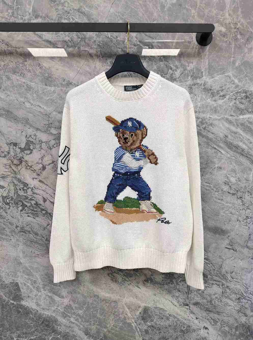 White Polo Ralph Lauren Classic Polo Baseball Graphic Knitted Crew Sweater - Picture 1 of 7